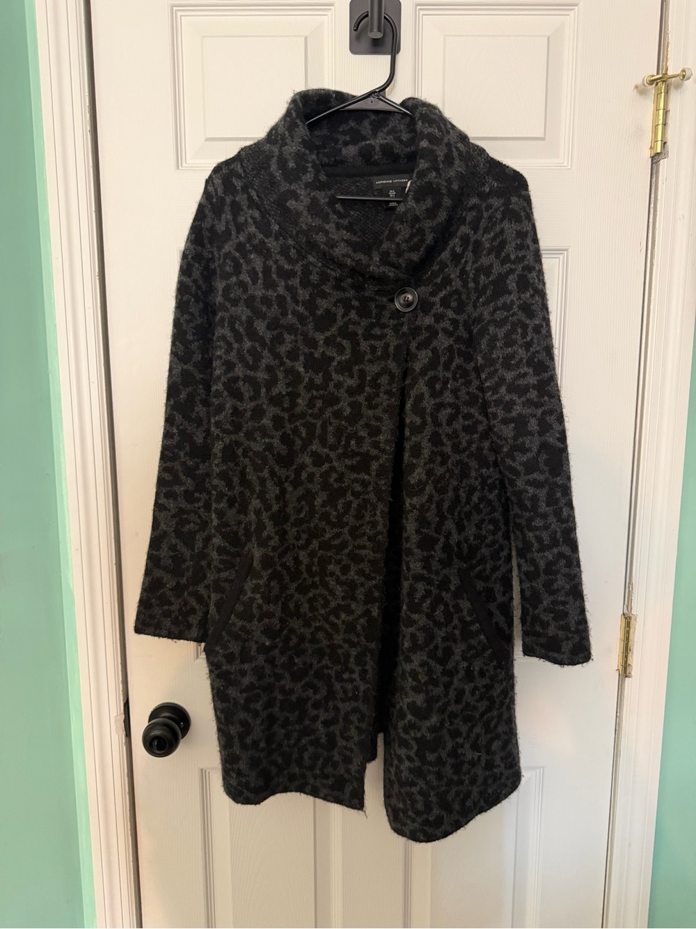 Adrienne Vittadini Charcoal Leopard Shawl-Collar Coat